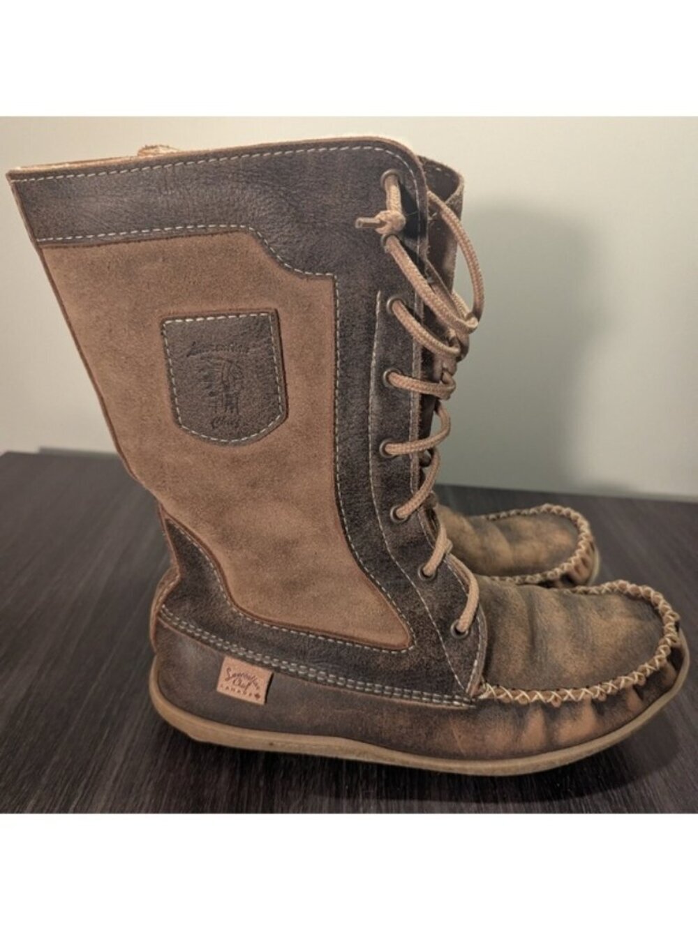Laurentian Chief Brown Leather Sheepskin Mid-Calf Snowshoe Mukluks Women's Sz 11 - Picture 10 of 15